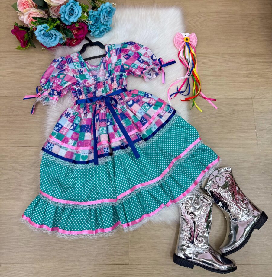 Vestido Infantil Junino Bella Child Caipira Verde Tiffany