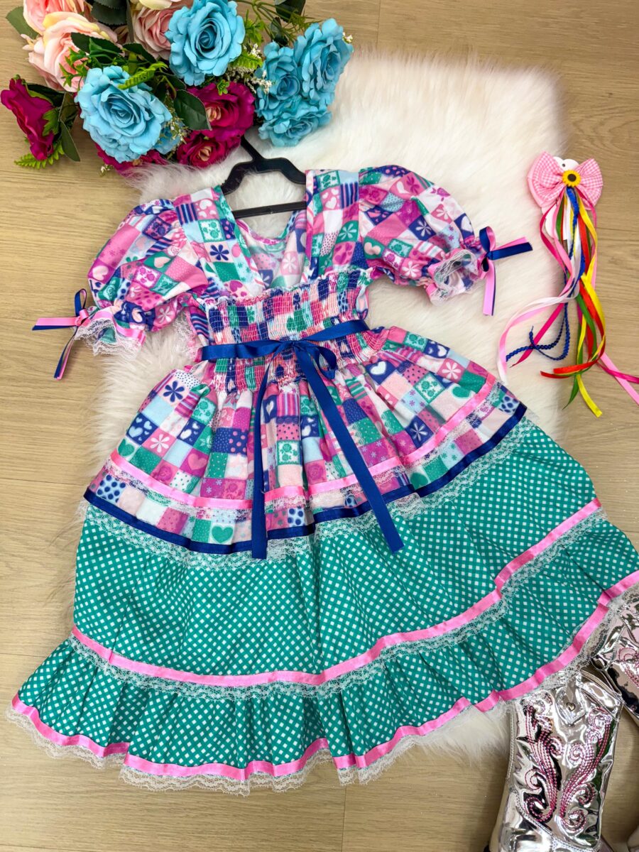 Vestido Infantil Junino Bella Child Caipira Verde Tiffany