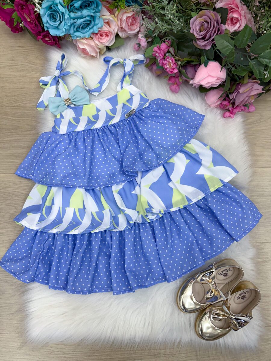 Vestido Infantil Banana Club Eloa Azul Alcinha com Babados