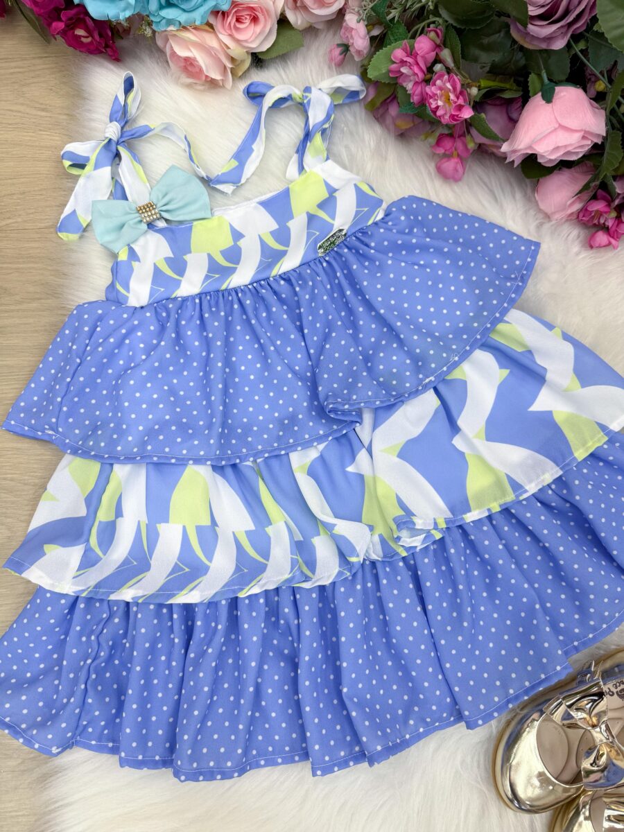 Vestido Infantil Banana Club Eloa Azul Alcinha com Babados