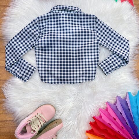 Camisa Junina Infantil Menina Branca com Xadrez Azul