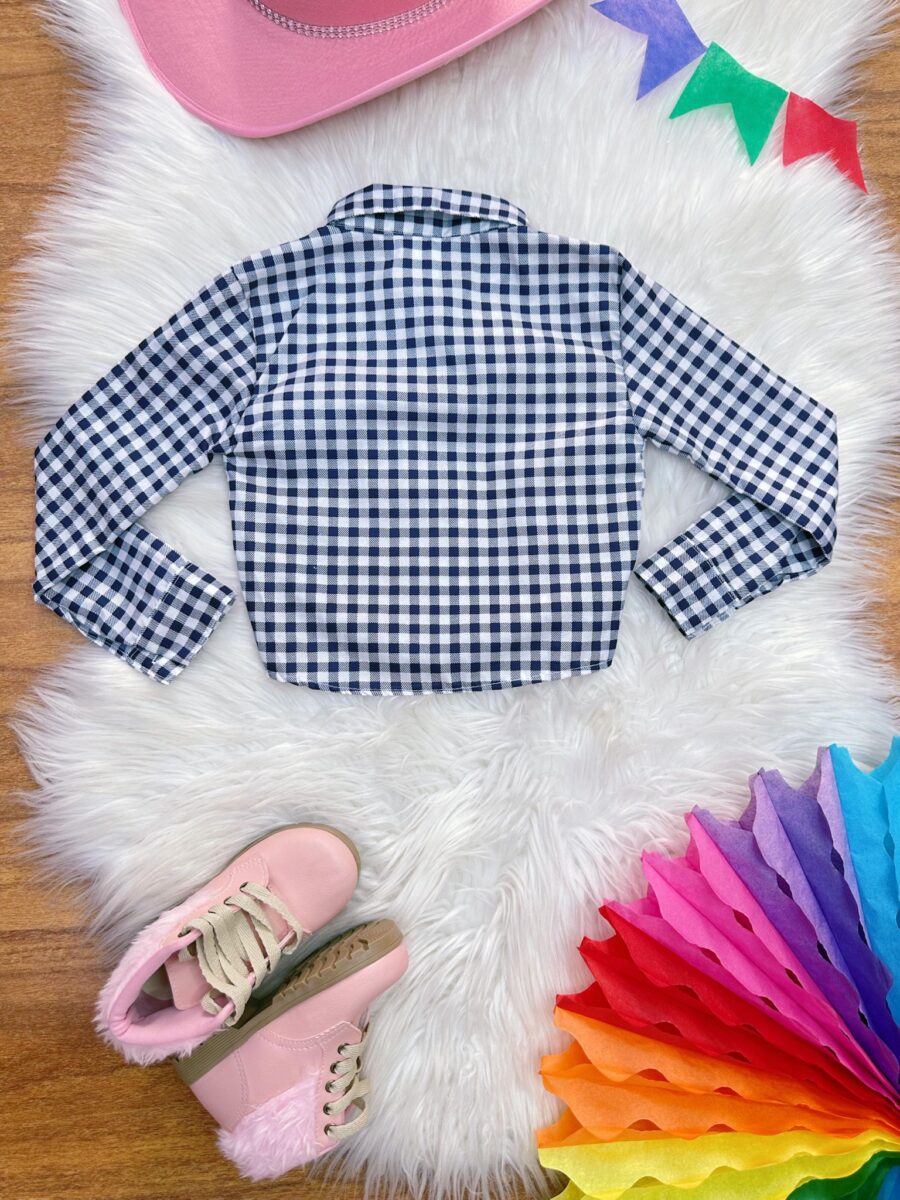 Camisa Junina Infantil Menina Branca com Xadrez Azul
