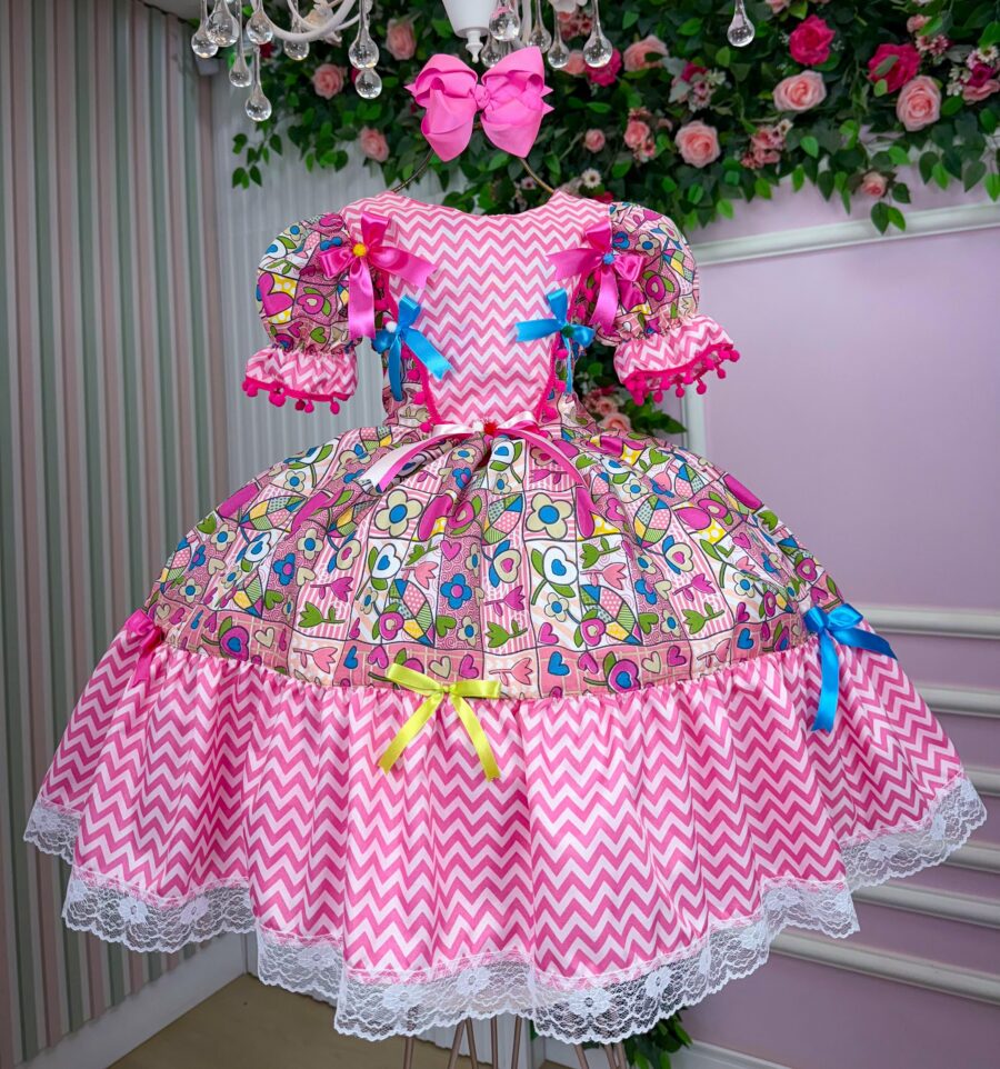 Vestido Junino Infantil Marie Quermesse de Luxo Pink