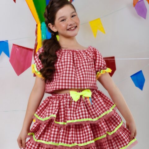 Conjunto Junino Infantil Cropped e Saia Xadrez Vermelho
