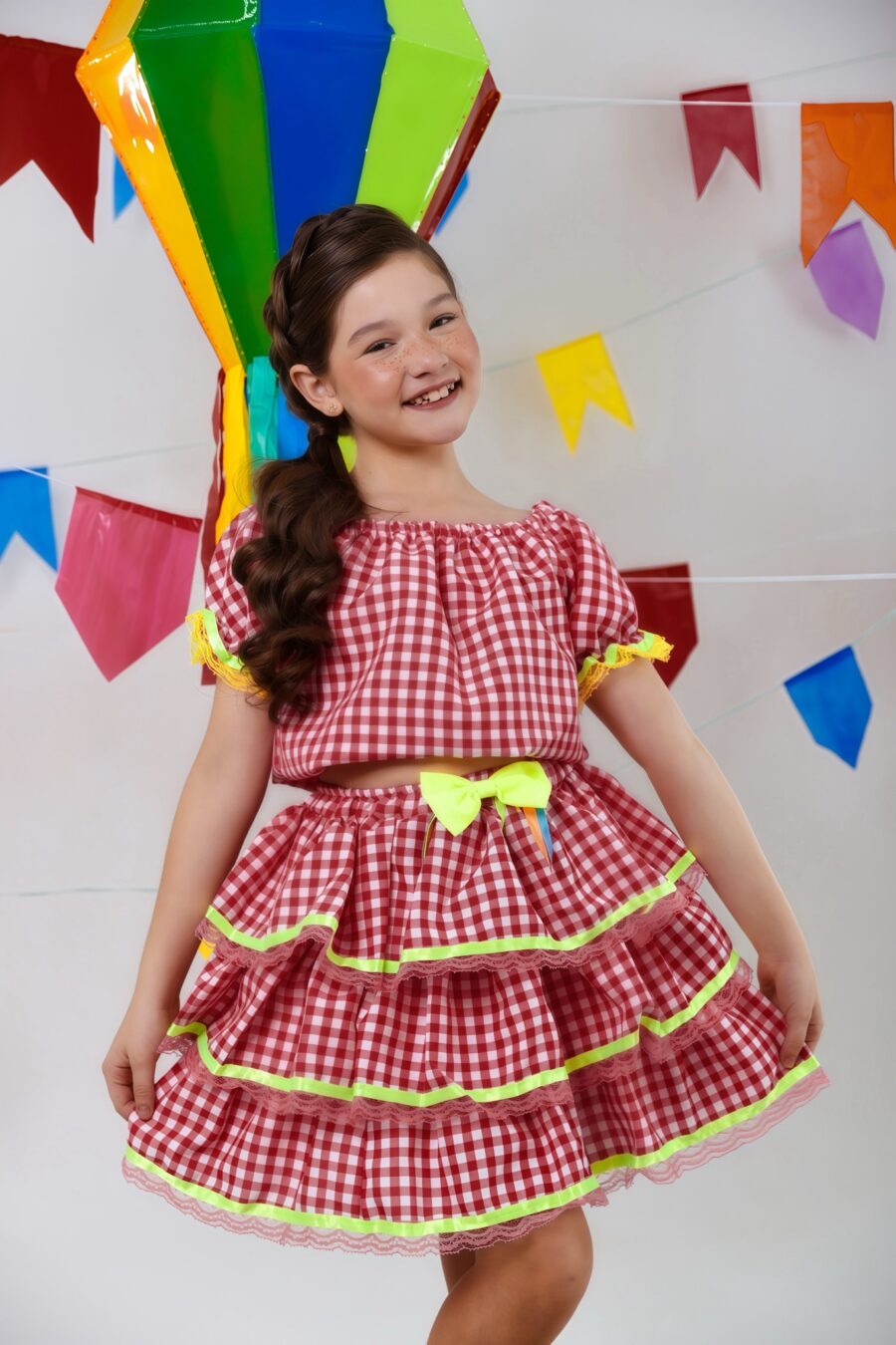 Conjunto Junino Infantil Cropped e Saia Xadrez Vermelho