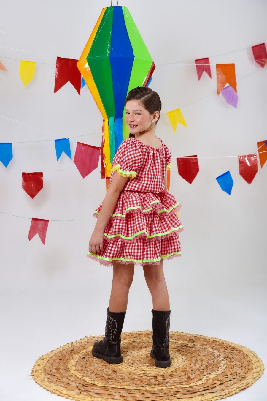 Conjunto Junino Infantil Cropped e Saia Xadrez Vermelho