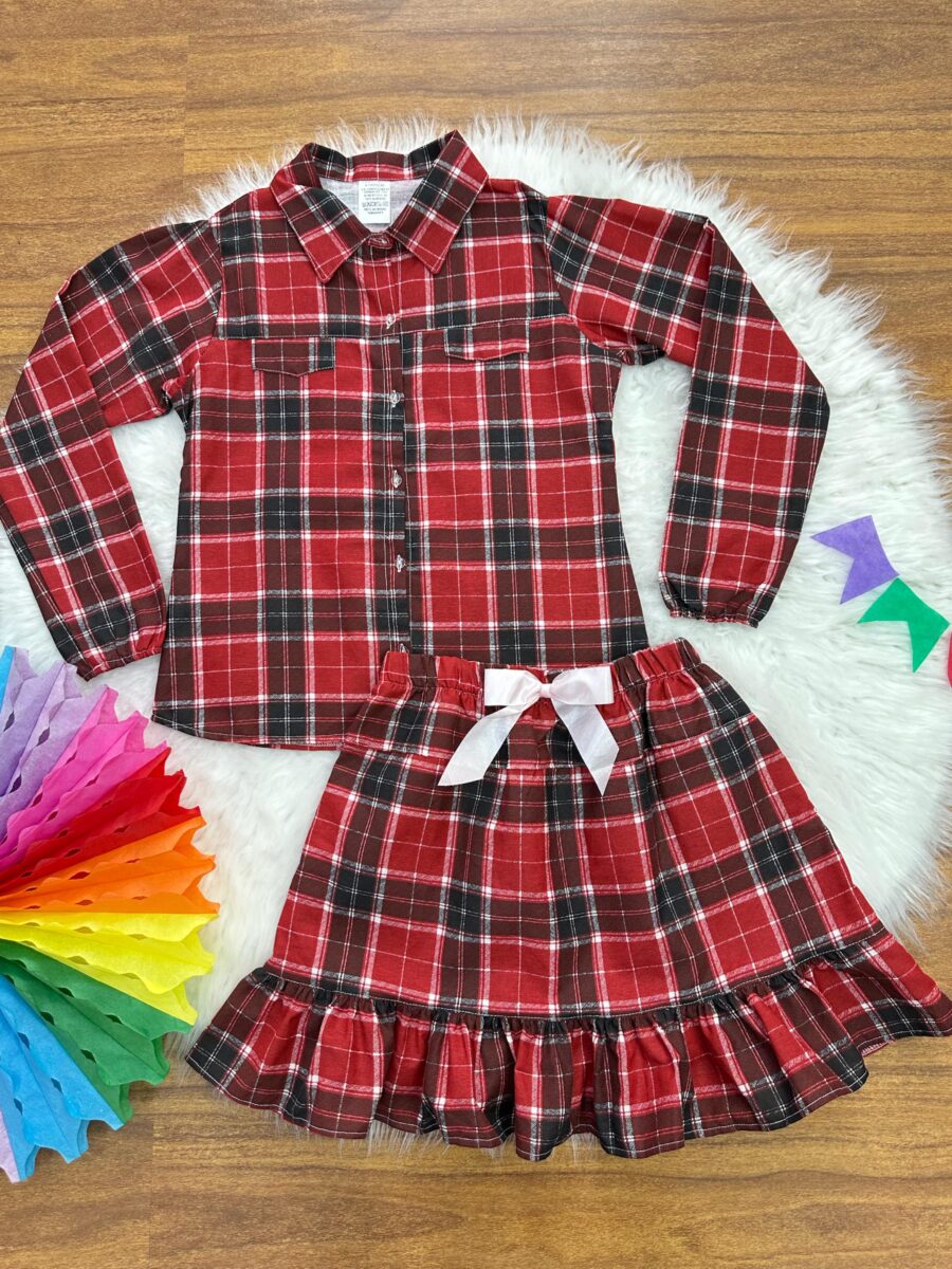 Conjunto Junino Adulto Flanela Camisa e Saia Xadrez