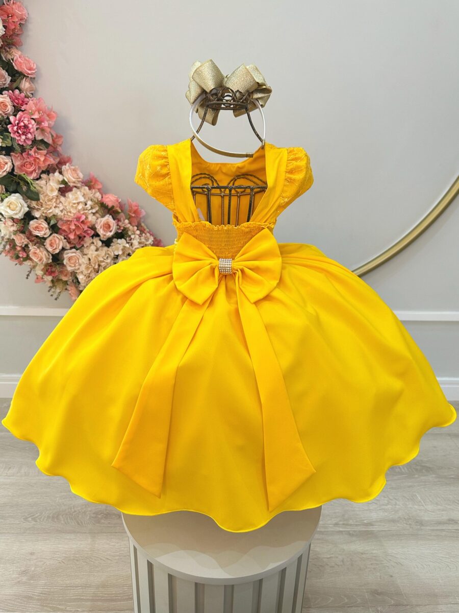Vestido Infantil Amarelo Busto com Renda Daminha Festa