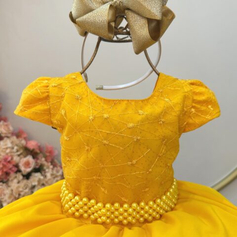 Vestido Infantil Amarelo Busto com Renda Daminha Festa