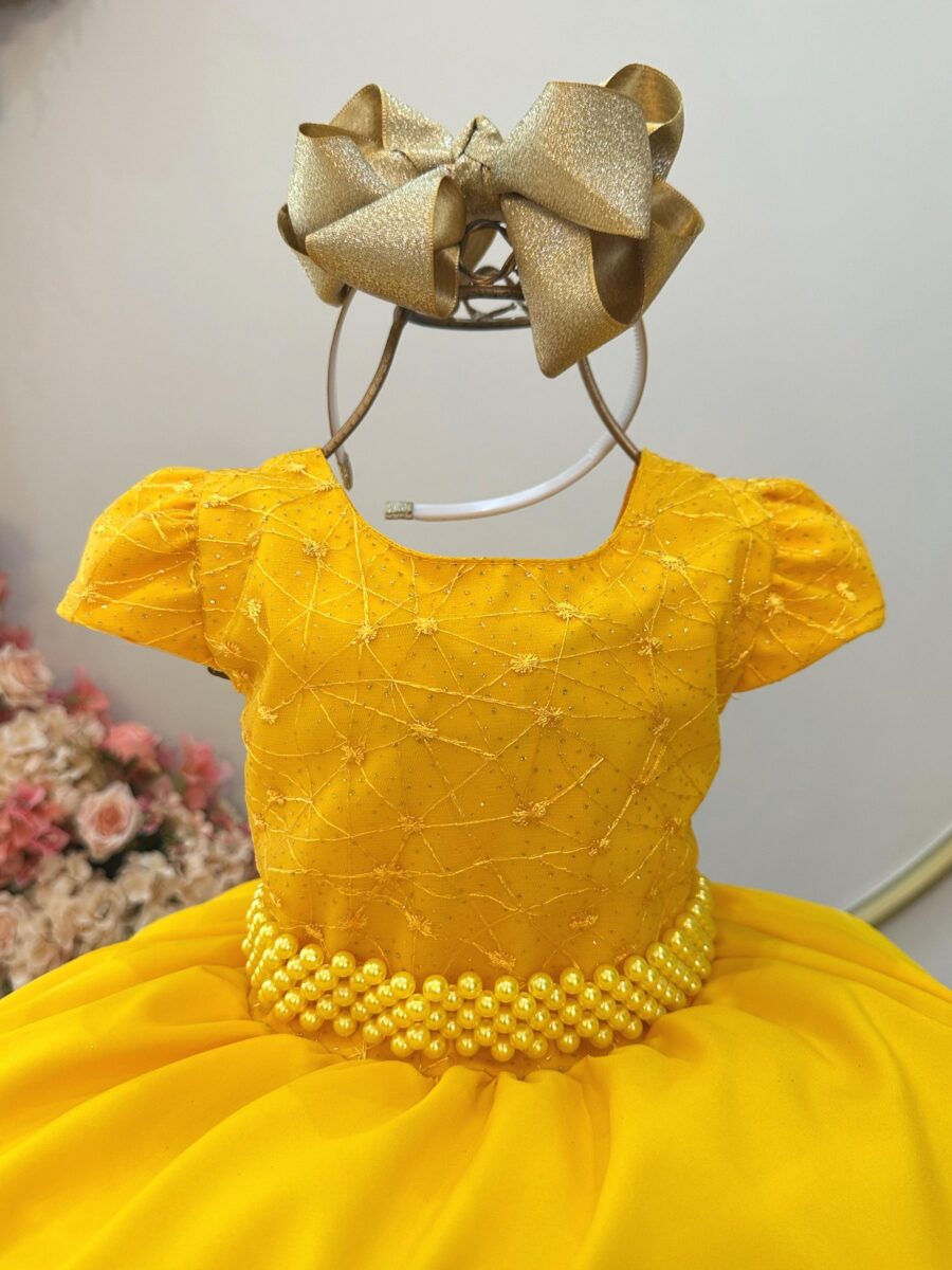 Vestido Infantil Amarelo Busto com Renda Daminha Festa
