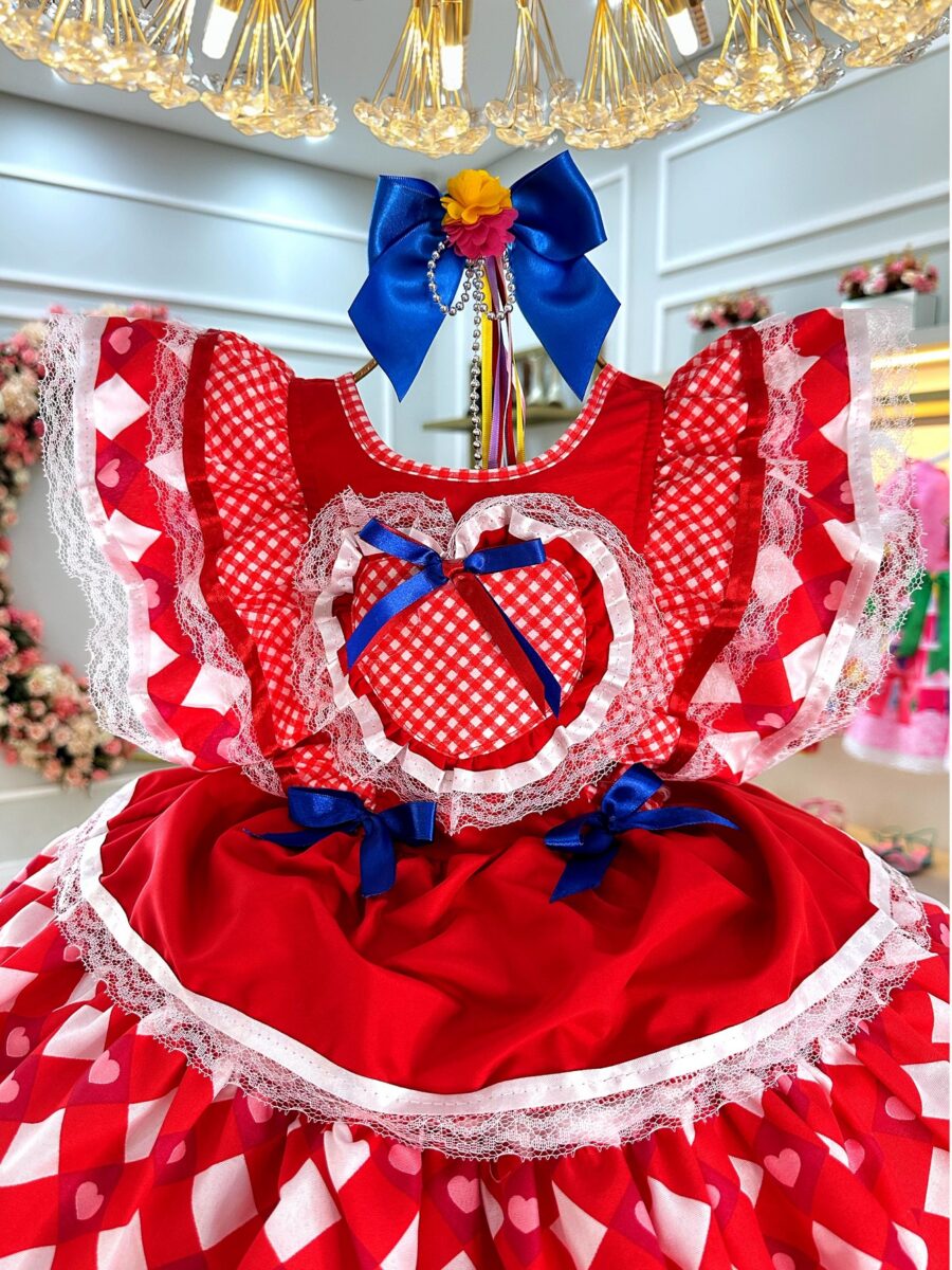 Vestido Junino Infantil Caipira Vermelho com Corações