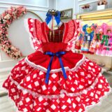 Vestido Junino Infantil Caipira Vermelho com Corações