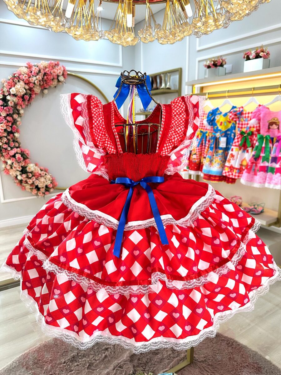 Vestido Junino Infantil Caipira Vermelho com Corações