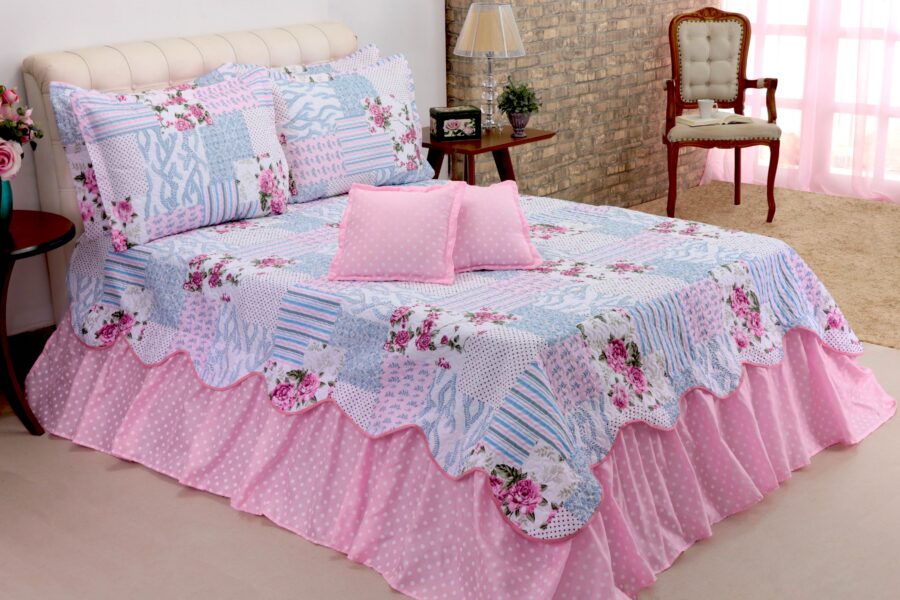 Kit Colcha Cobre Leito Belize Queen 5 Peças Rosa