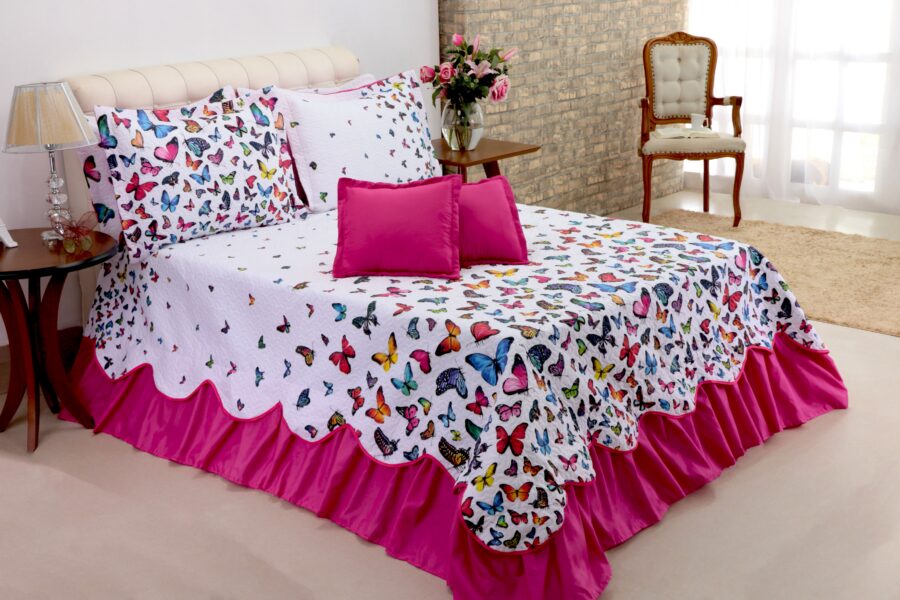 Kit Colcha Cobre Leito Belize Queen 5 Peças Borboletas