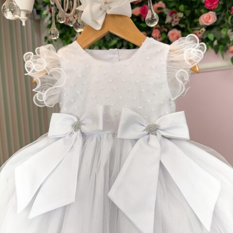 Vestido Infantil Marie Bebê Mia Branco Tafetá e Tule