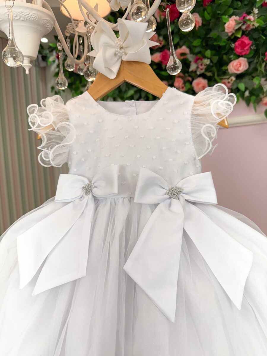 Vestido Infantil Marie Bebê Mia Branco Tafetá e Tule