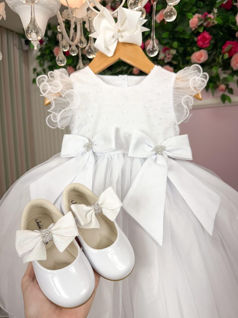 Vestido Infantil Marie Bebê Mia Branco Tafetá e Tule