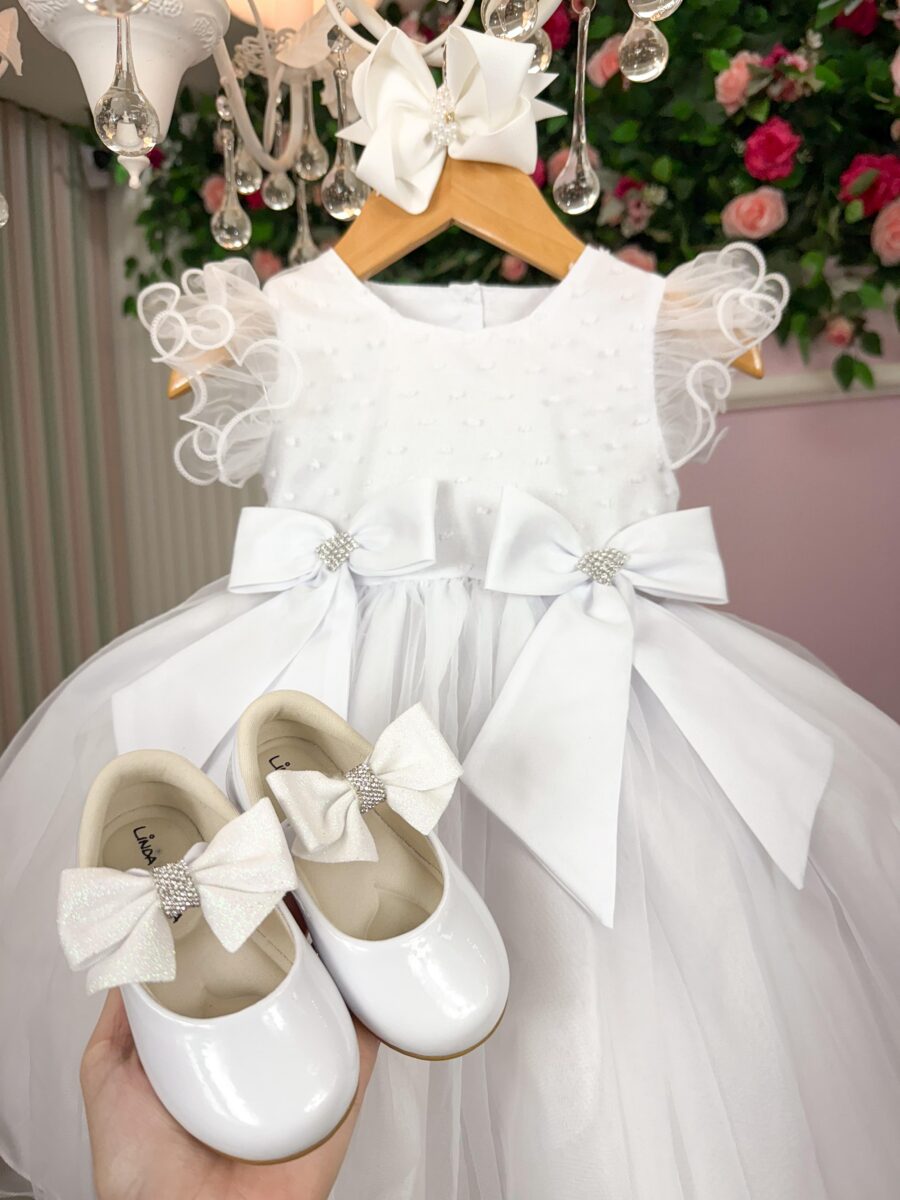 Vestido Infantil Marie Bebê Mia Branco Tafetá e Tule