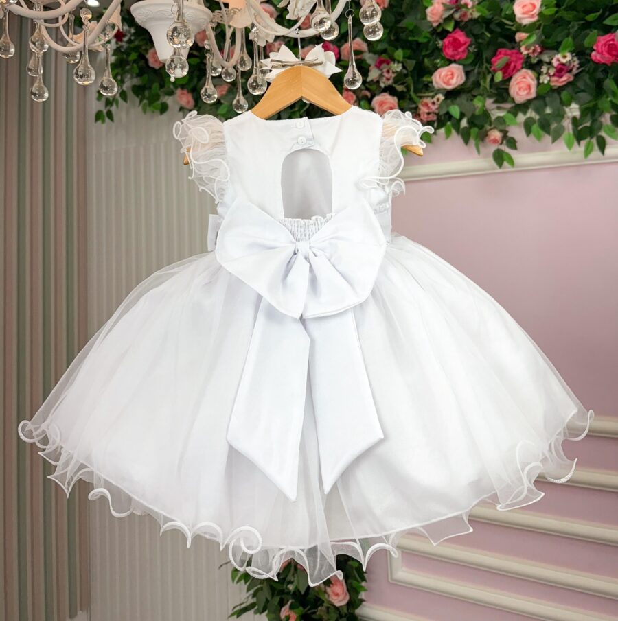 Vestido Infantil Marie Bebê Mia Branco Tafetá e Tule