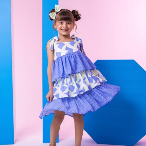 Vestido Infantil Banana Club Eloa Azul Alcinha com Babados