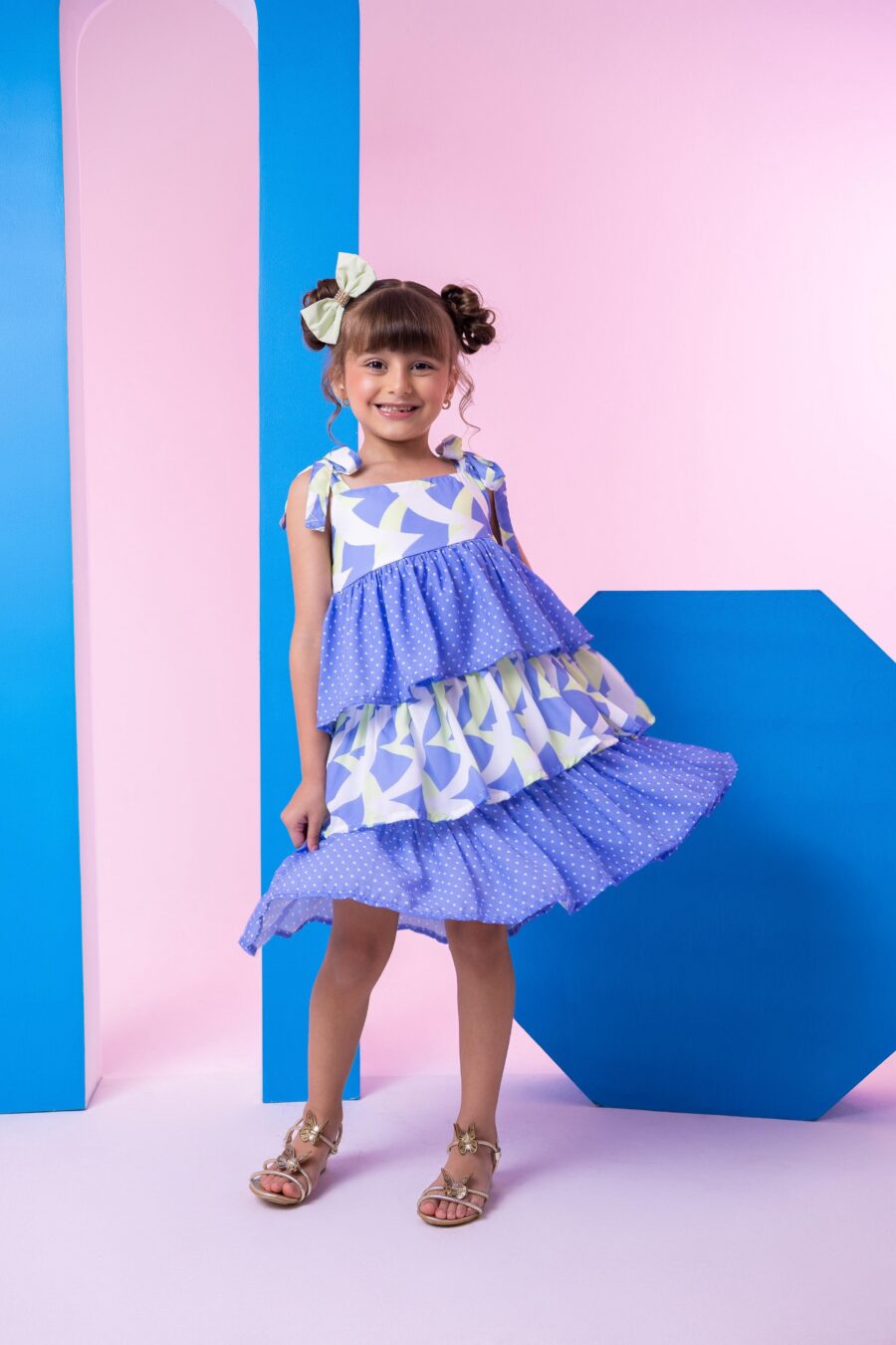 Vestido Infantil Banana Club Eloa Azul Alcinha com Babados
