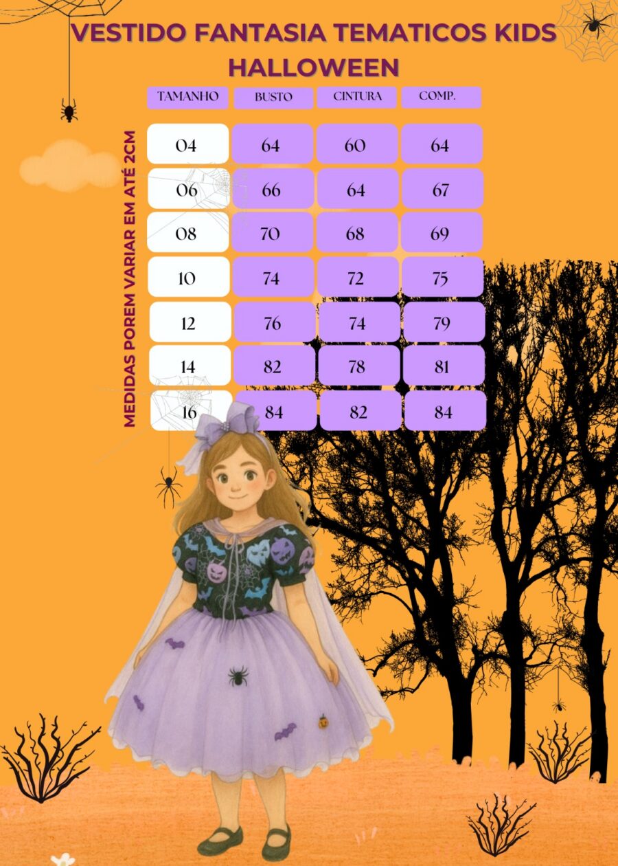 Fantasia Bruxinha Halloween Infantil Saia Lilás com Capa