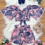 Conjunto Infantil Cropped Florido Rosa e Azul Primavera