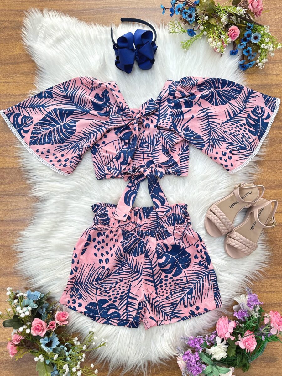 Conjunto Infantil Cropped Florido Rosa e Azul Primavera