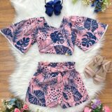Conjunto Infantil Cropped Florido Rosa e Azul Primavera