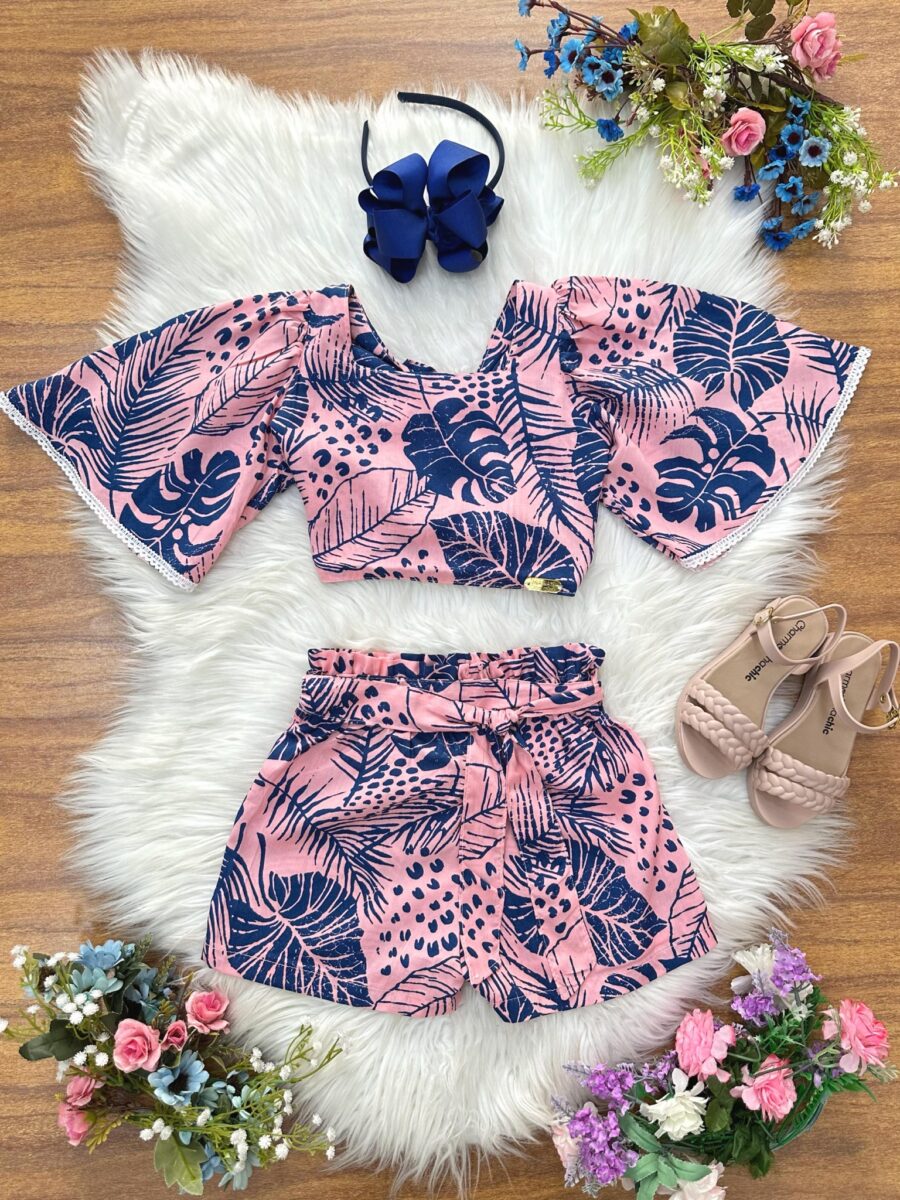 Conjunto Infantil Cropped Florido Rosa e Azul Primavera