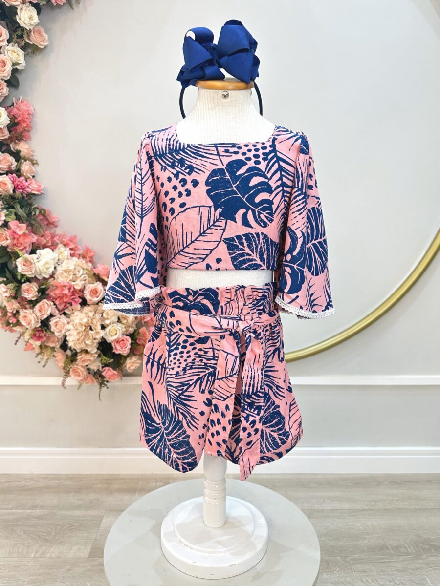 Conjunto Infantil Cropped Florido Rosa e Azul Primavera