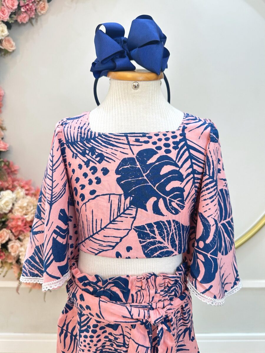 Conjunto Infantil Cropped Florido Rosa e Azul Primavera