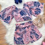 Conjunto Infantil Cropped Florido Rosa e Azul Primavera