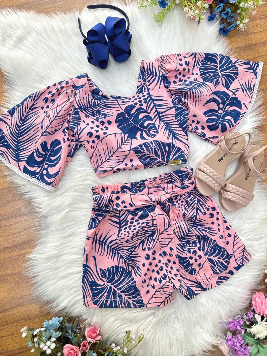 Conjunto Infantil Cropped Florido Rosa e Azul Primavera