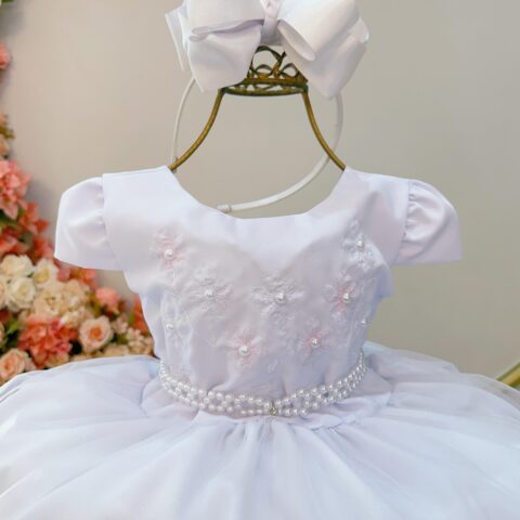 Vestido Infantil Branco Bordado Flores e Pérolas Daminha