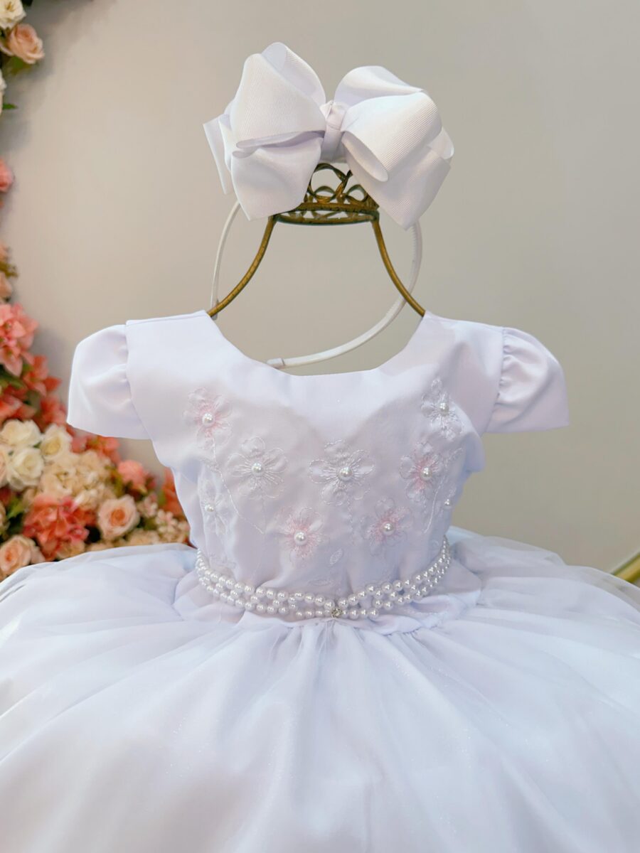 Vestido Infantil Branco Bordado Flores e Pérolas Daminha