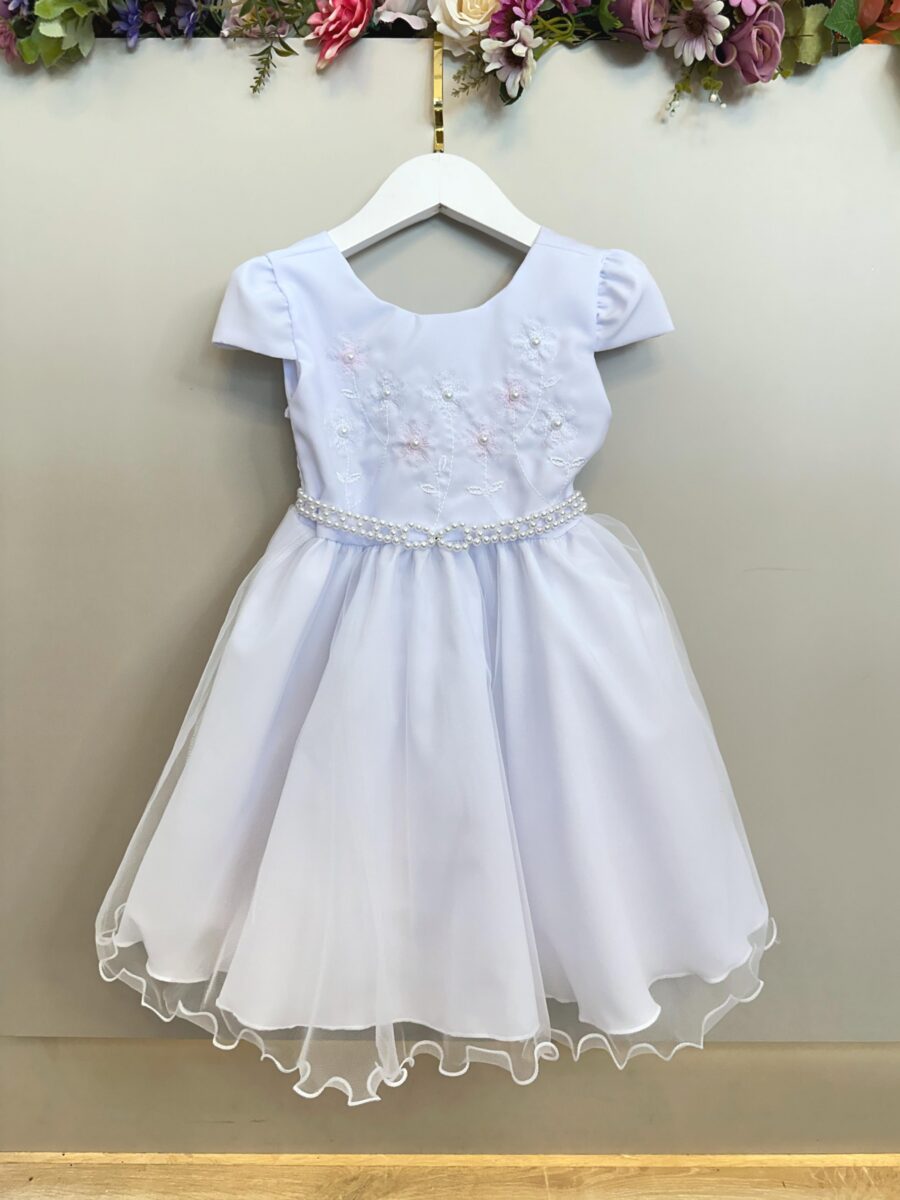 Vestido Infantil Branco Bordado Flores e Pérolas Daminha