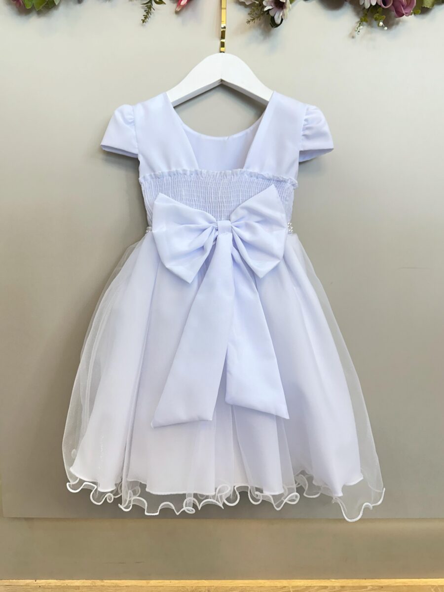 Vestido Infantil Branco Bordado Flores e Pérolas Daminha