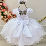 Vestido Infantil Branco Bordado Flores e Pérolas Daminha