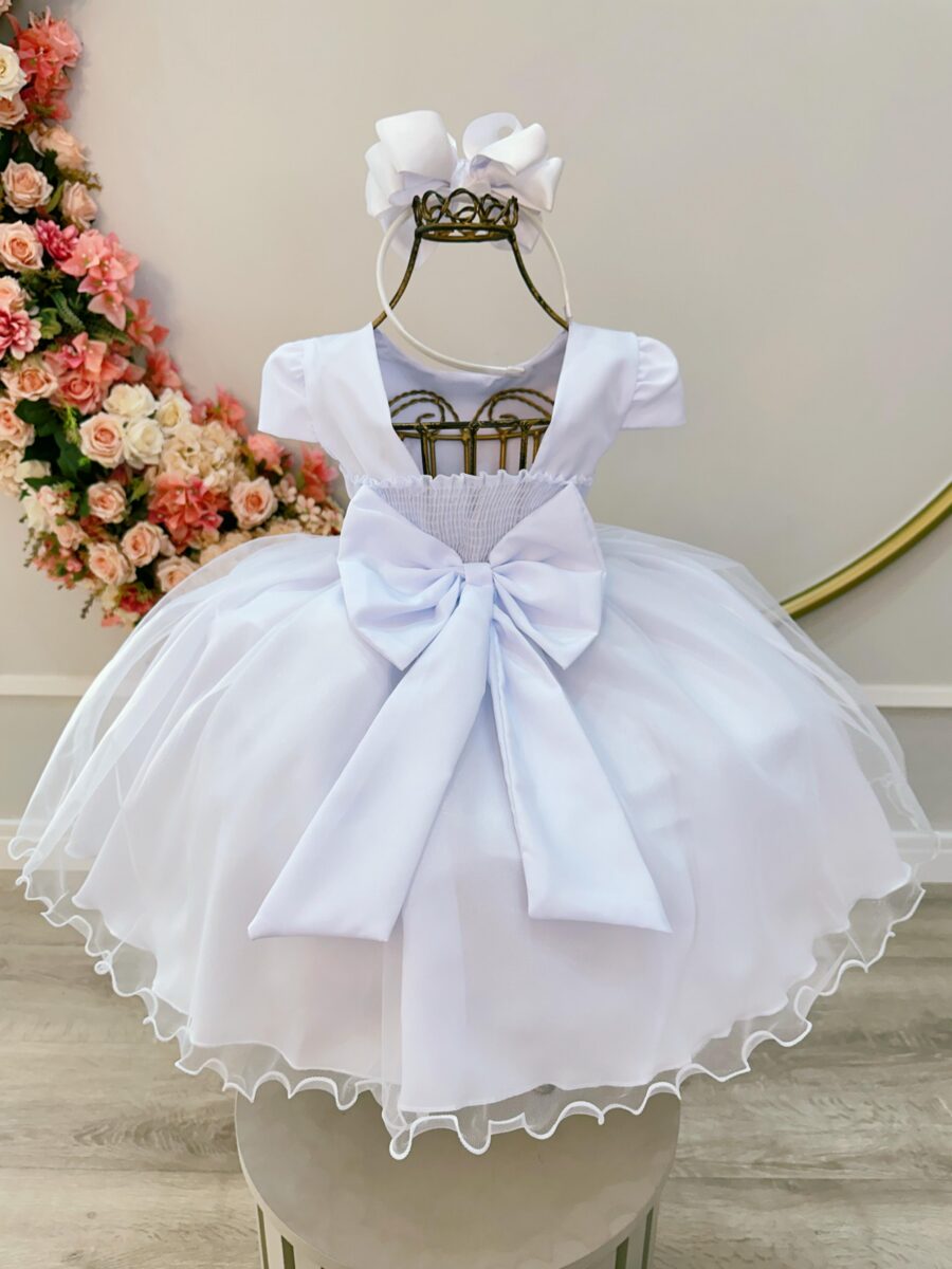 Vestido Infantil Branco Bordado Flores e Pérolas Daminha
