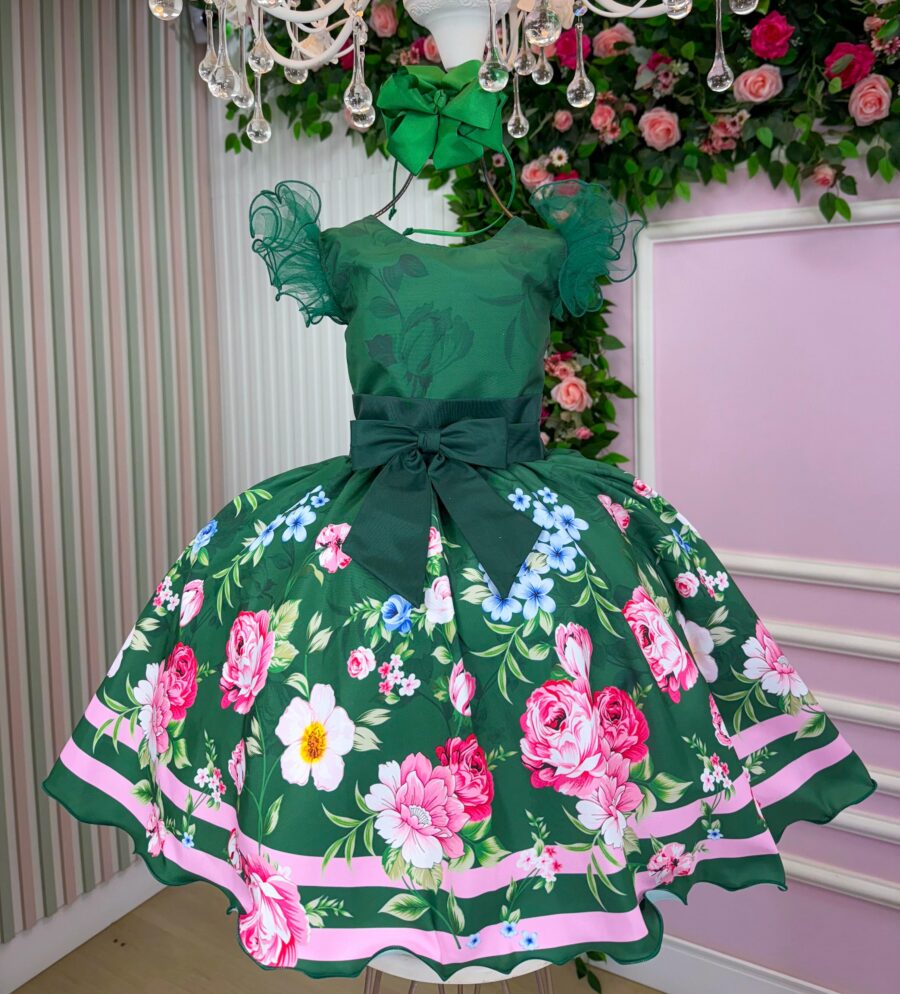 Vestido Infantil Marie Flor de Natal Verde