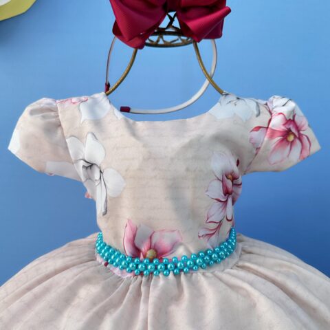Vestido Infantil Marfim Flores Primavera Cinto de Pérolas