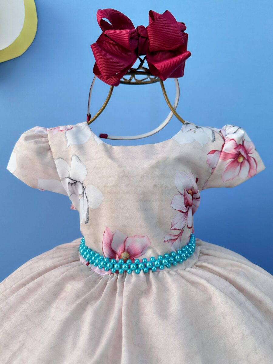 Vestido Infantil Marfim Flores Primavera Cinto de Pérolas