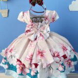 Vestido Infantil Marfim Flores Primavera Cinto de Pérolas