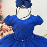 Vestido Infantil Azul Royal Busto Nervura Daminha Festa
