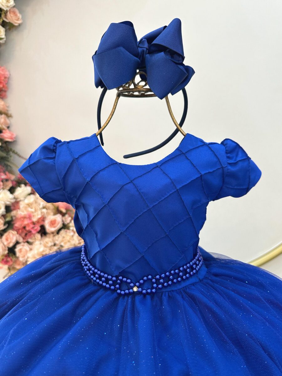 Vestido Infantil Azul Royal Busto Nervura Daminha Festa
