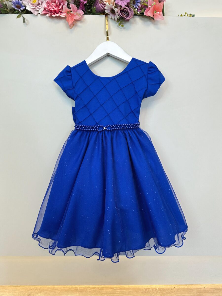 Vestido Infantil Azul Royal Busto Nervura Daminha Festa