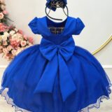 Vestido Infantil Azul Royal Busto Nervura Daminha Festa