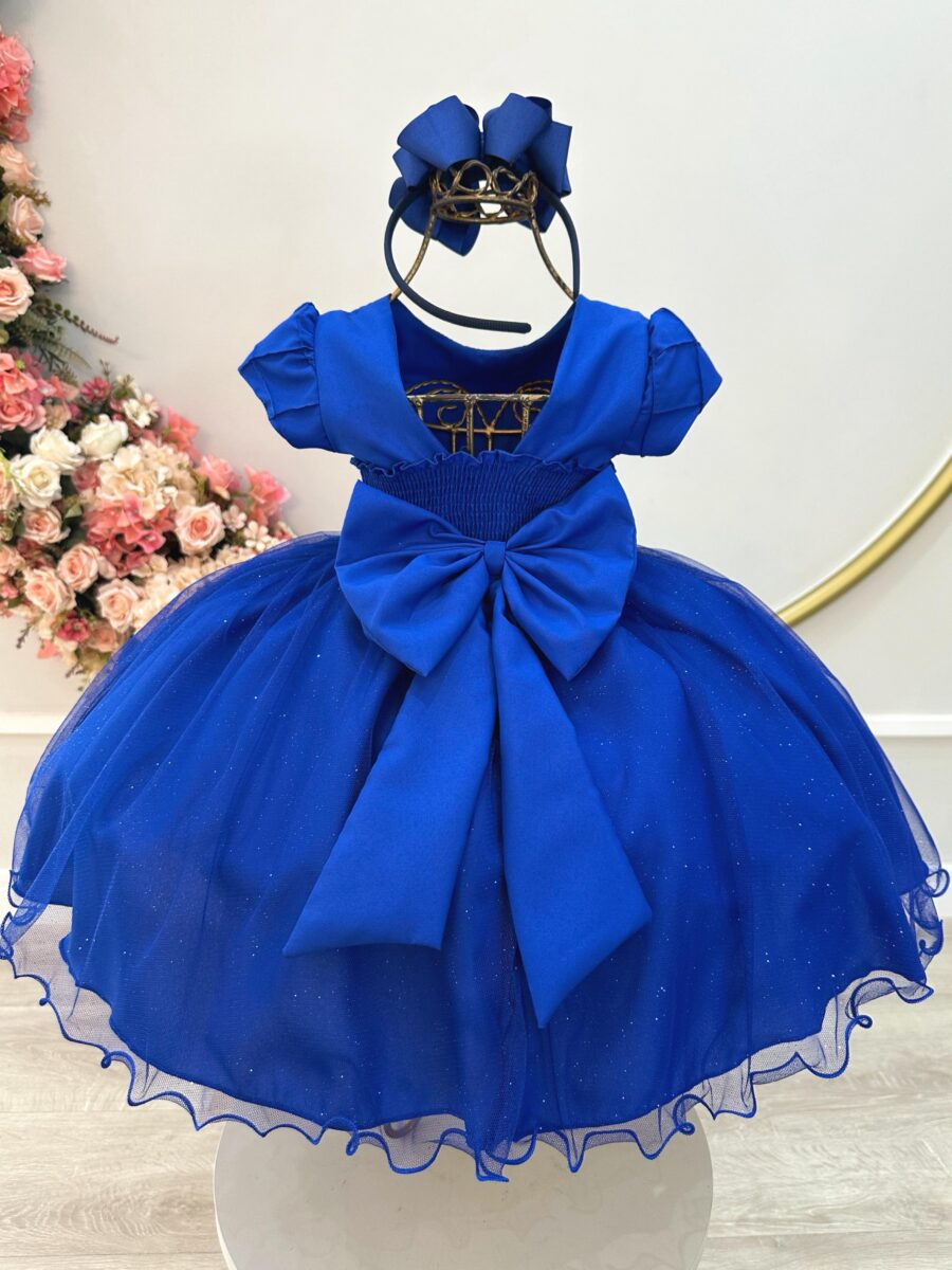 Vestido Infantil Azul Royal Busto Nervura Daminha Festa